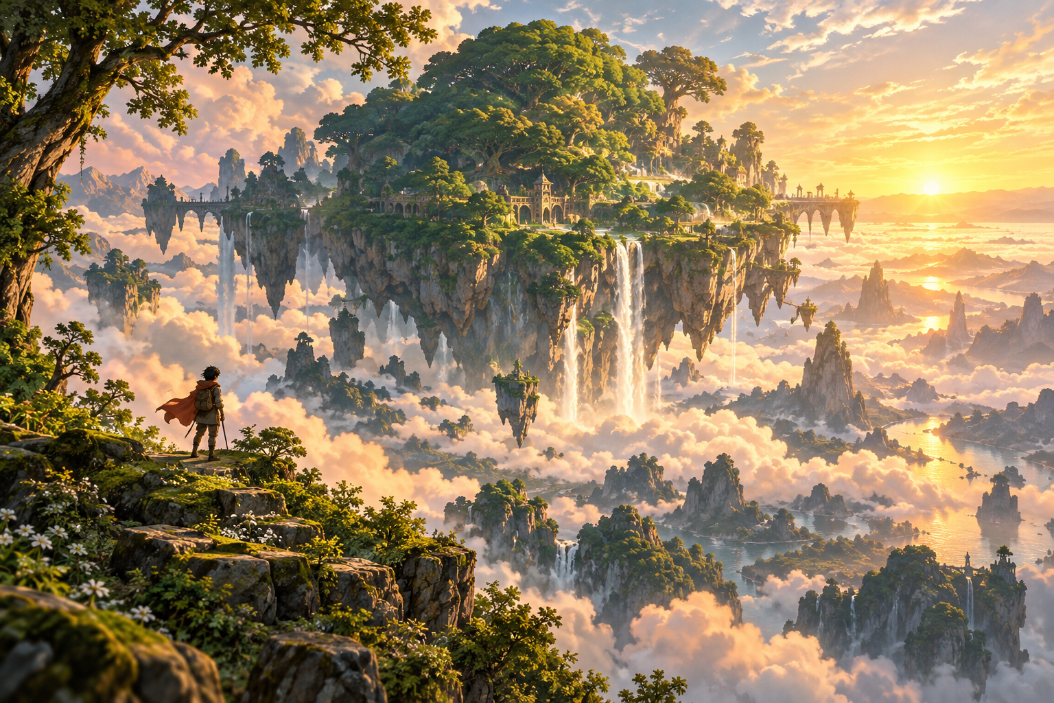 Mundo de fantasia ilustrado com floresta e ilhas flutuantes