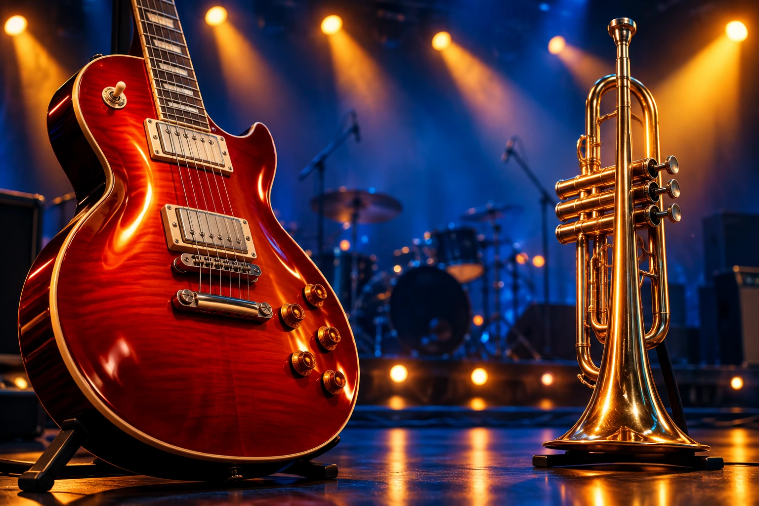 Guitarra e trompete em um palco azul com iluminação dourada
